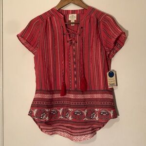 💙 St. John's Bay V Neck Tied Blouse / Cabaret Red & Grey / PS / NWT 💙